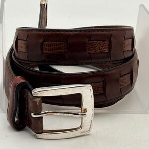 Mens Brown Top Grain Leather Woven Lizard Embossed Western Belt Silver Tip 40